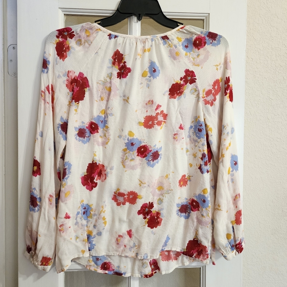 Lucky Brand Floral Blouse Medium Ivory Tie Front Long Sleeve Boho - Picture 3 of 14